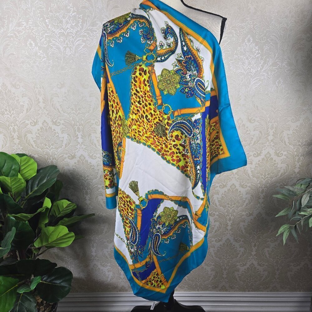 Guarisco Large Square Scarf Animal Print Tassel Chain Pattern Blue Orange Italy